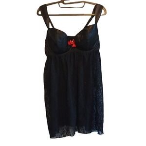 Cacique Black Satin Lace Babydoll Chemise Size 14/16‎ Built-In Bra Adjustable